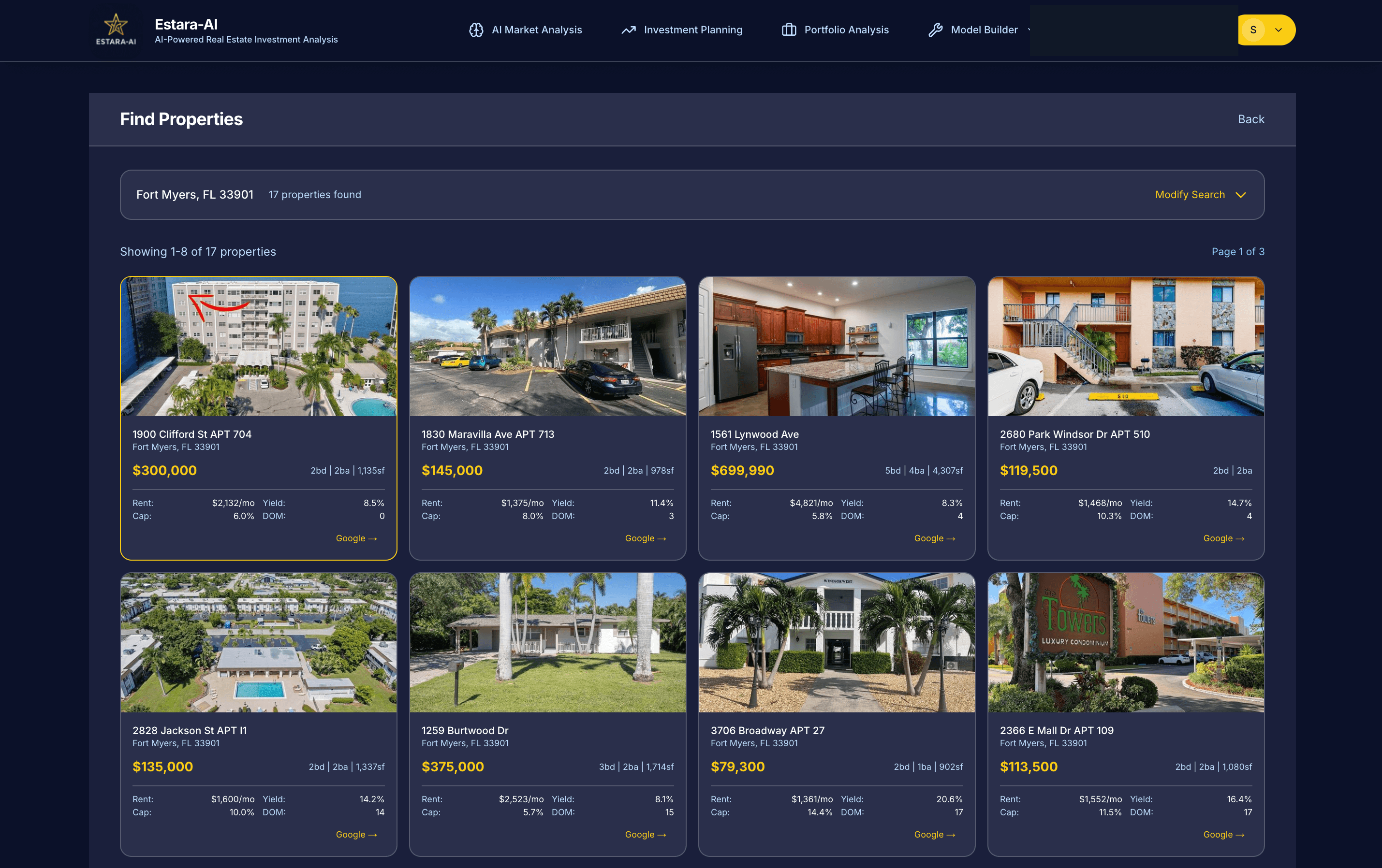 Property search results showing homes with investment metrics and AI scores